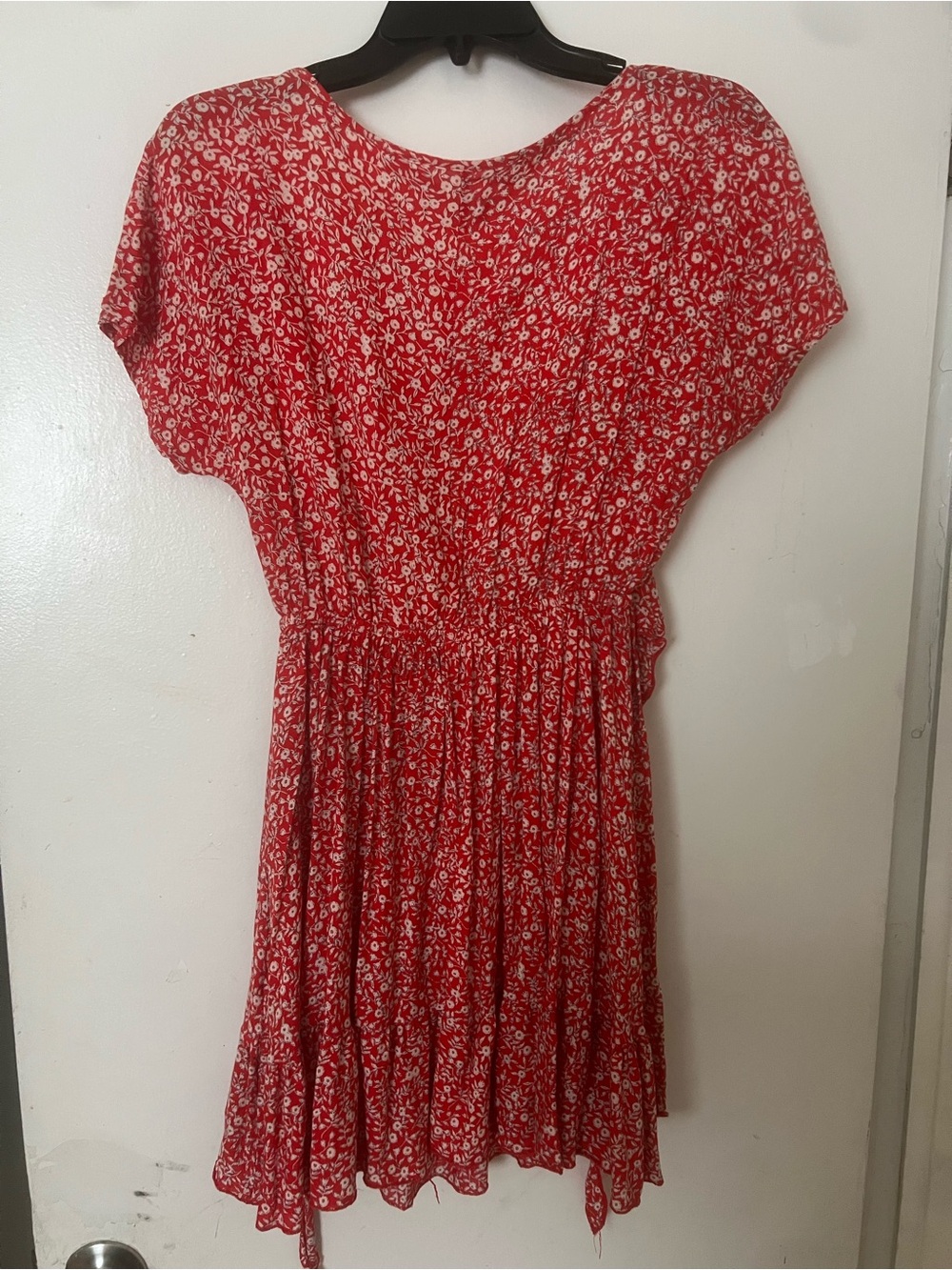 Red Floral Short Sleeve Smocked Waist Dress